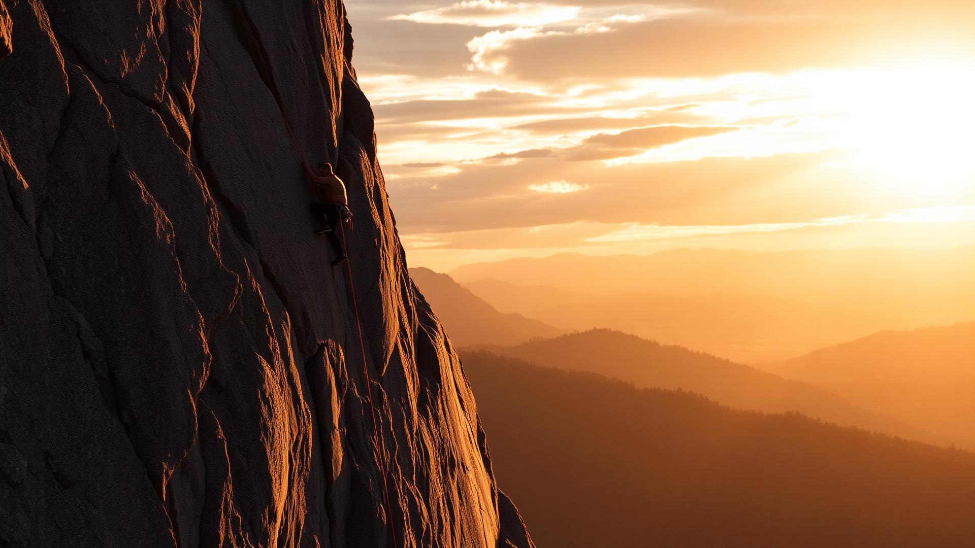 Einsamer Kletterer an einer steilen Granitwand im goldenen Abendlicht