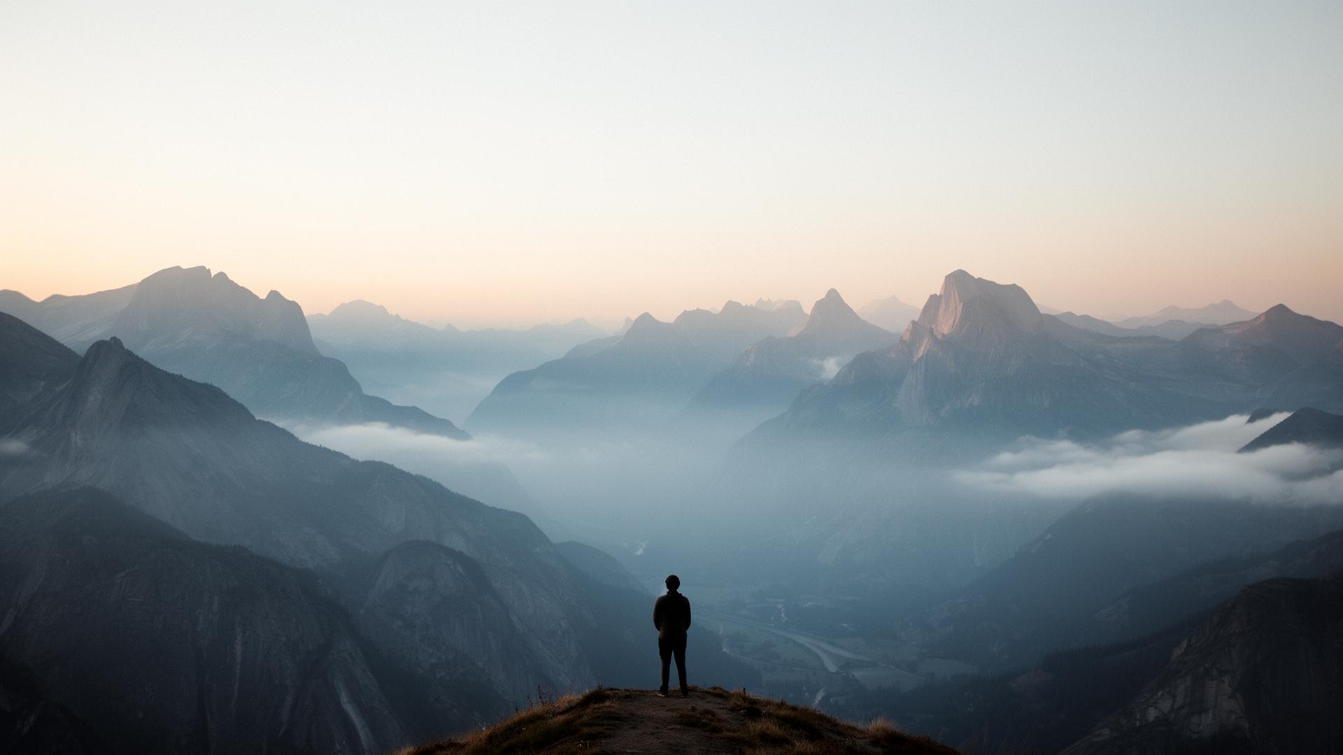 Einsame Figur auf einem Bergrücken bei Sonnenaufgang, Blick über Gipfel und Nebel