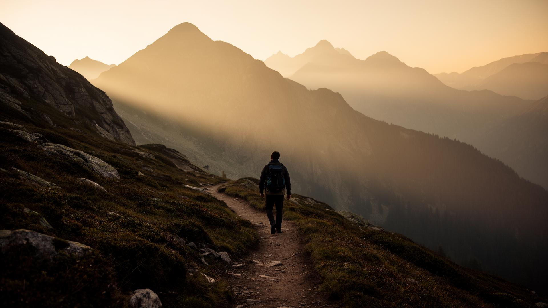 Einsamer Wanderer auf einem alpinen Bergpfad im warmen Morgenlicht